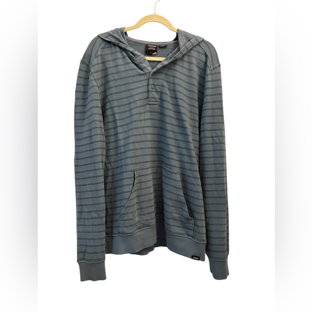 Prana Men's Gray Blue Striped Hoodie Summer Swell Organic Cotton Size Large